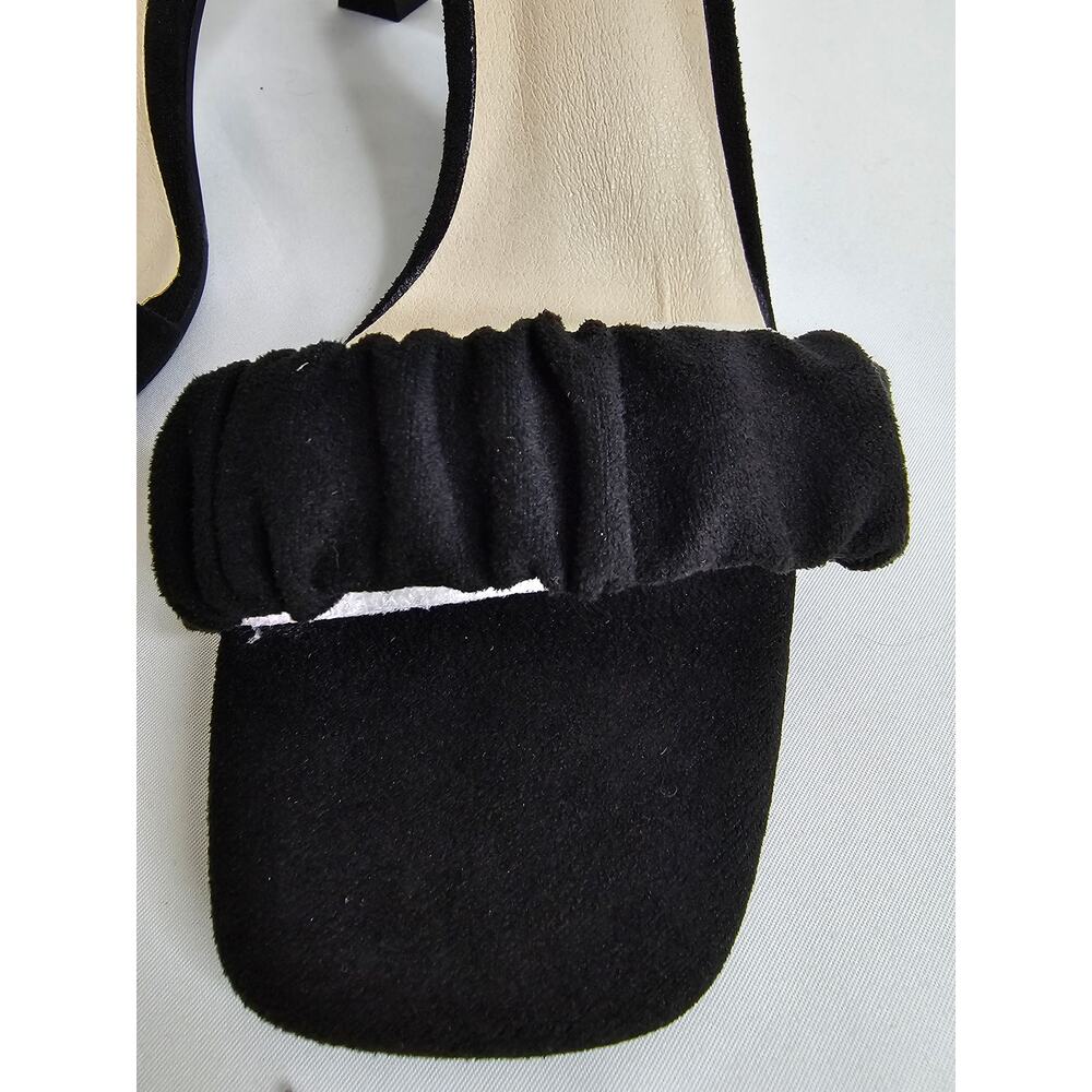 W-10 Black Square Open Toe Faux Suede Ruched Flared Midi Heel - Picture 2 of 6